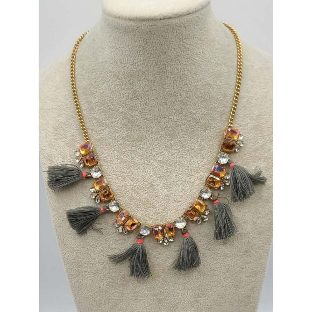 J Crew Gold Tone Gold Clear Crystal Necklace with Gray Tassels